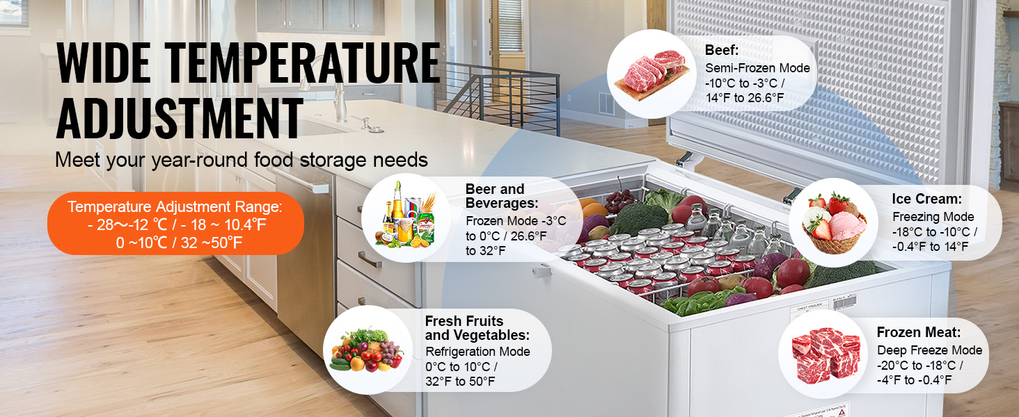 VEVOR chest freezer with wide temperature adjustment, ideal for ice cream, frozen meat, beverages, and veggies.
