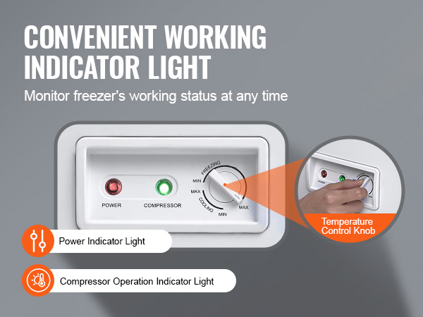 power and compressor indicator lights on VEVOR chest freezer with adjustable temperature control knob.
