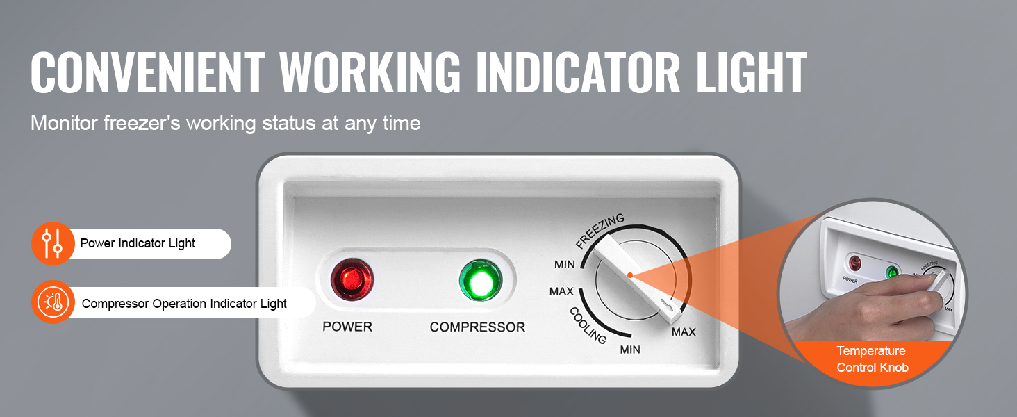 power and compressor indicator lights on VEVOR chest freezer with adjustable temperature control knob.
