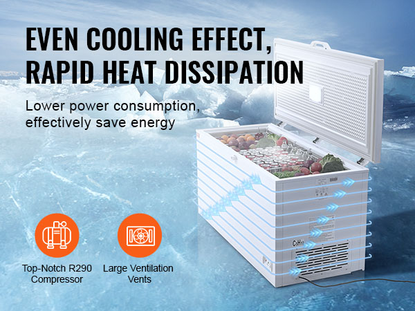 VEVOR chest freezer in icy landscape, highlighting even cooling, rapid heat dissipation, and energy efficiency.