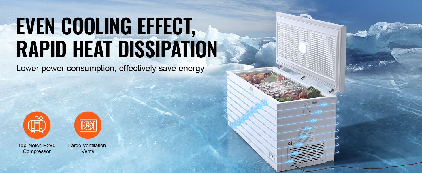 VEVOR chest freezer in icy landscape, highlighting even cooling, rapid heat dissipation, and energy efficiency.