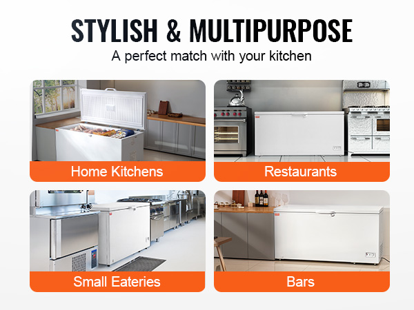 VEVOR chest freezer in home kitchen, restaurant, small eatery, and bar settings, showcasing versatility.