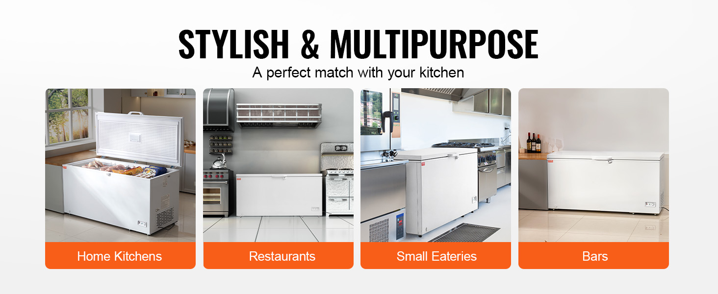 VEVOR chest freezer in home kitchen, restaurant, small eatery, and bar settings, showcasing versatility.