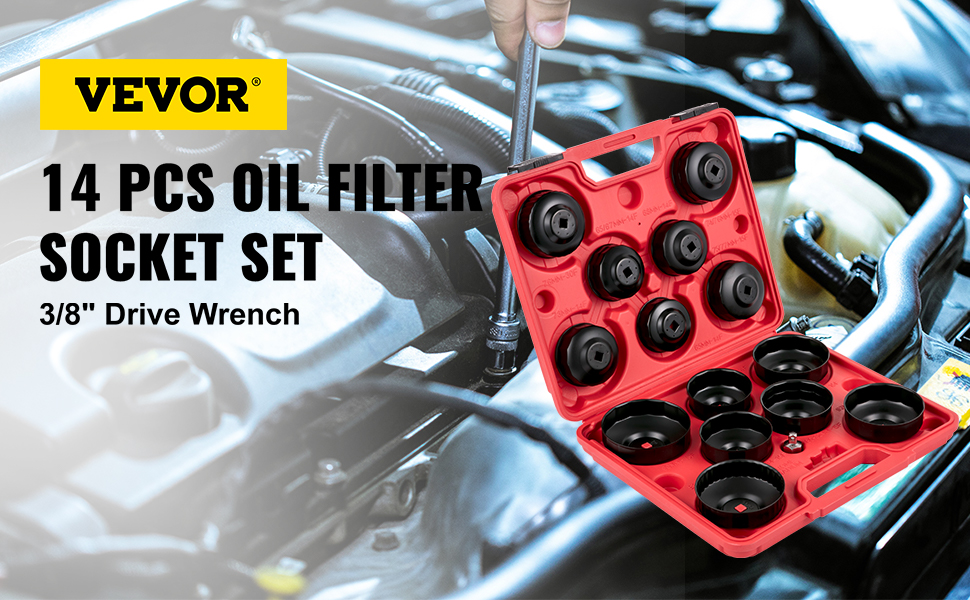 VEVOR oil filter wrench set in a red case with 14 pieces, used in an engine bay.