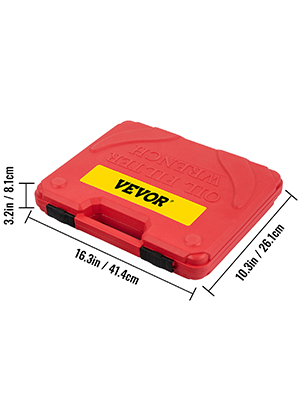 red VEVOR oil filter wrench set case with dimensions 16.3x10.3x3.2 inches.
