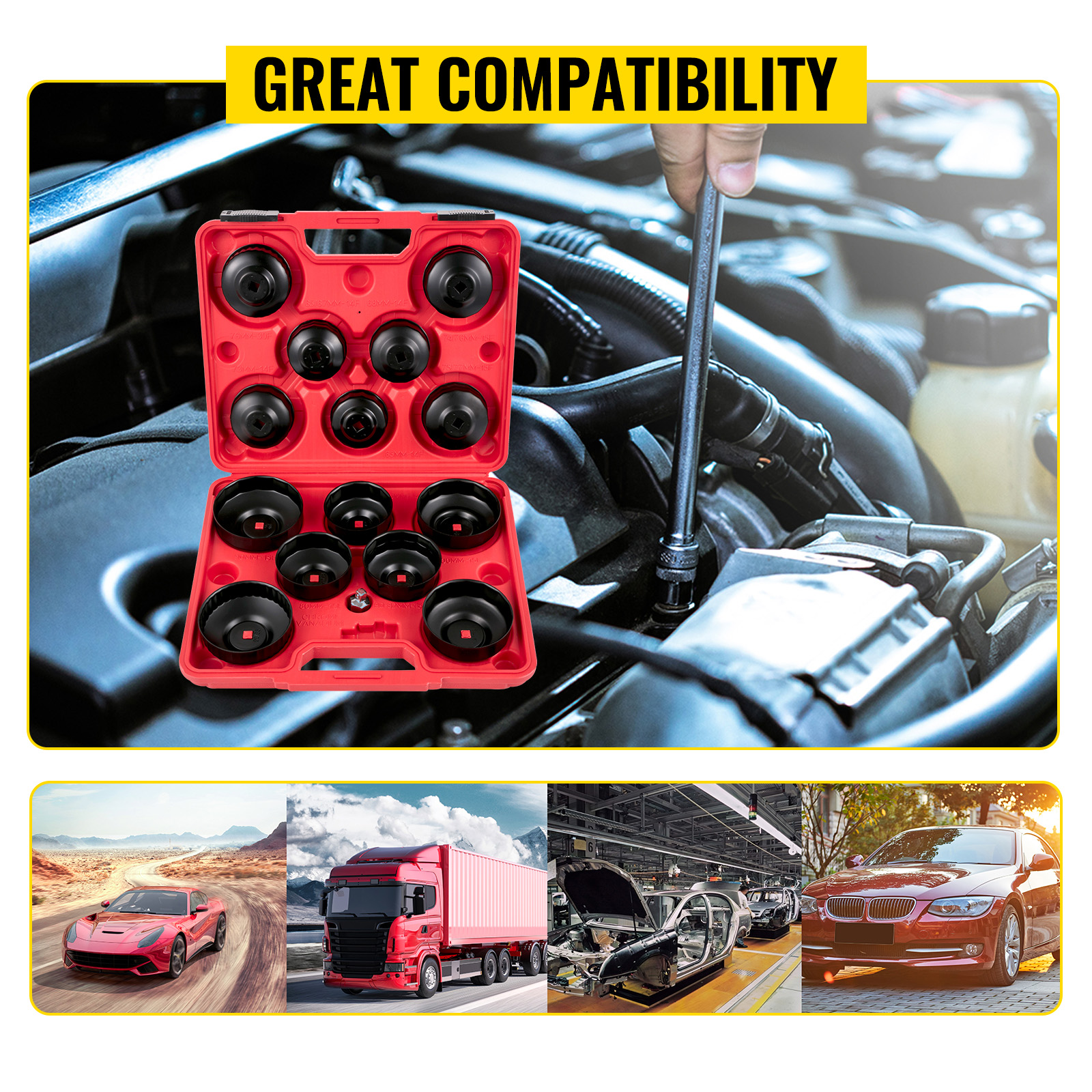 VEVOR oil filter wrench set with great compatibility, suitable for various vehicles.