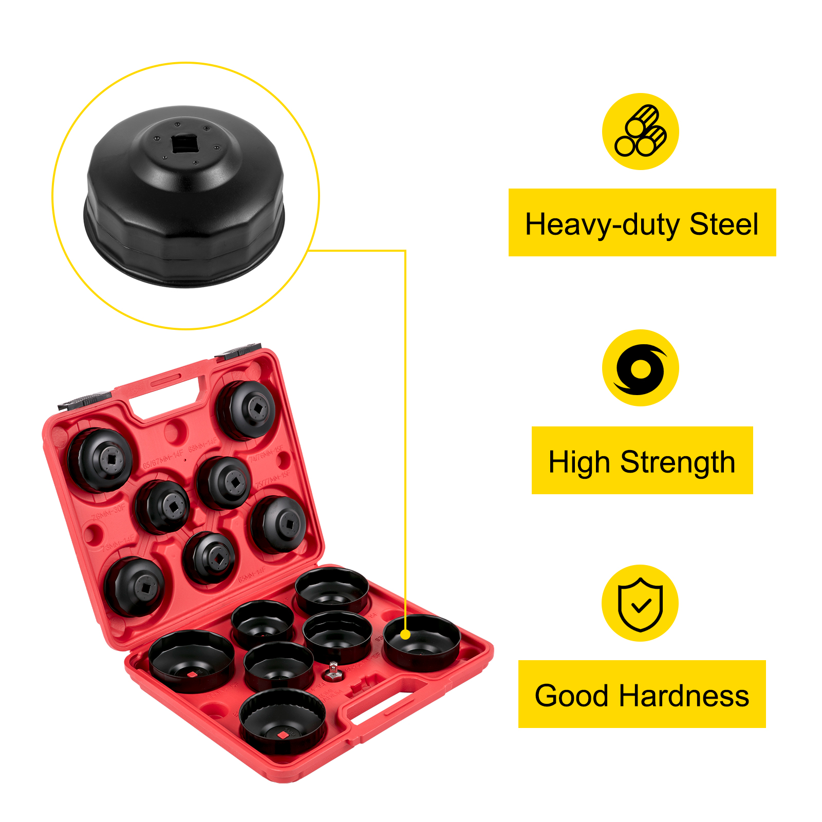 VEVOR oil filter wrench set in red case with heavy-duty steel, high strength, good hardness.