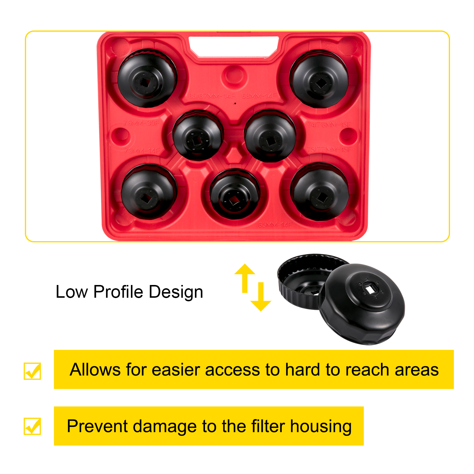 VEVOR oil filter wrench set with six wrenches in a red case and low profile design.