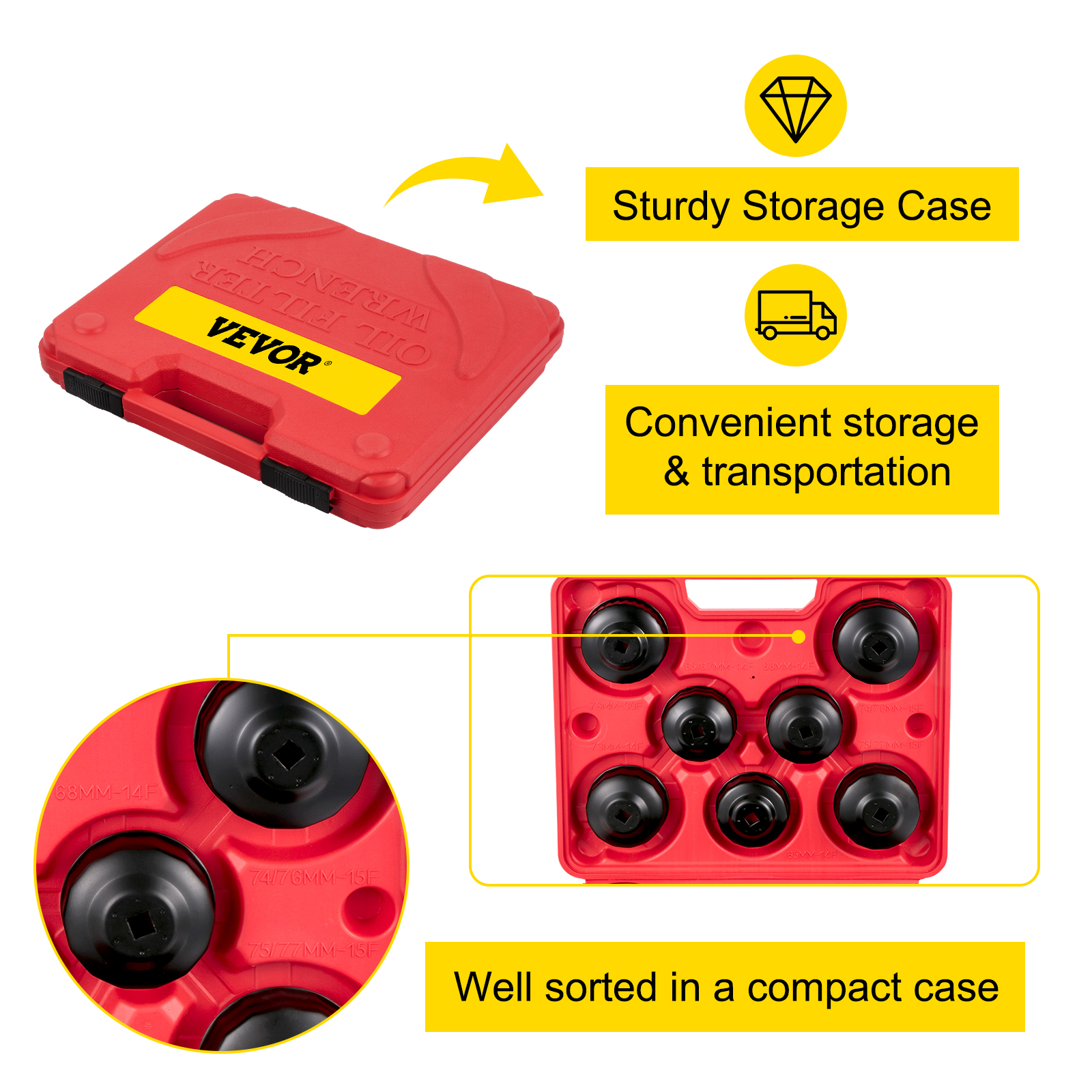VEVOR oil filter wrench set in a sturdy, compact red storage case.