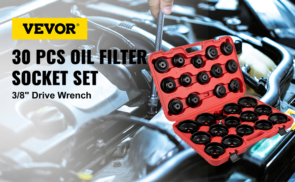 VEVOR oil filter socket set open case, close-up of engine and wrench tool.