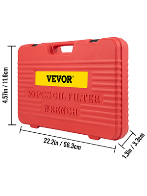 red carrying case for the 30 pcs VEVOR oil filter socket set, measuring 22.2in x 4.57in.