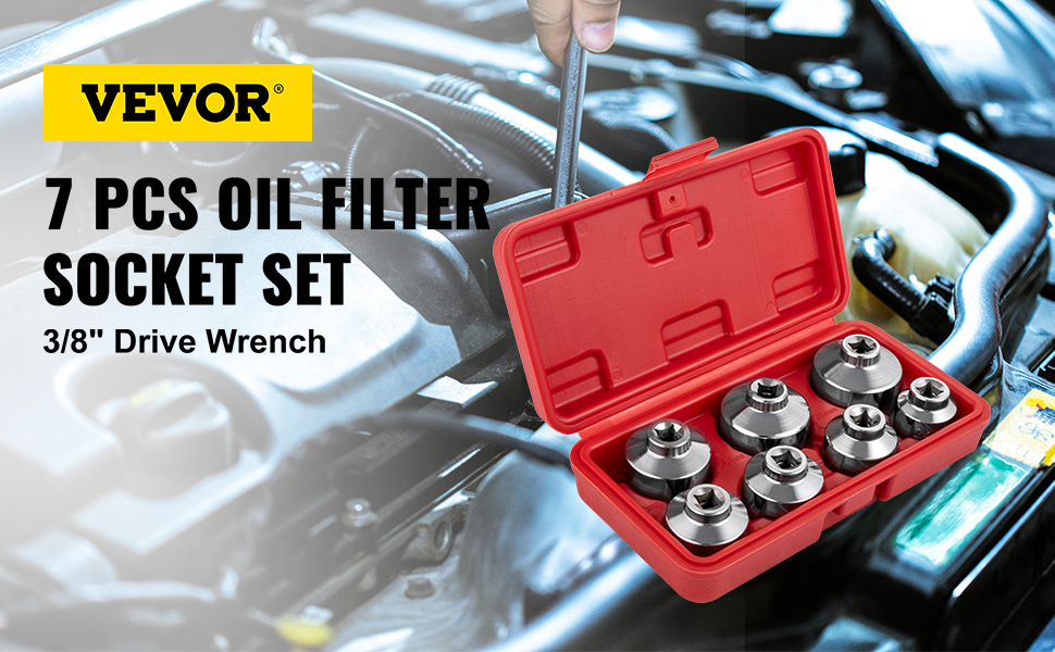 VEVOR oil filter socket set with 3/8" drive wrench in red case near car engine.
