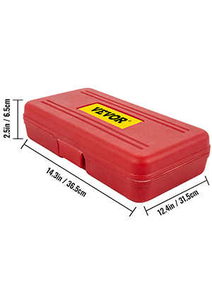 red VEVOR oil filter socket set case with dimensions 14.3in x 12.4in x 2.5in