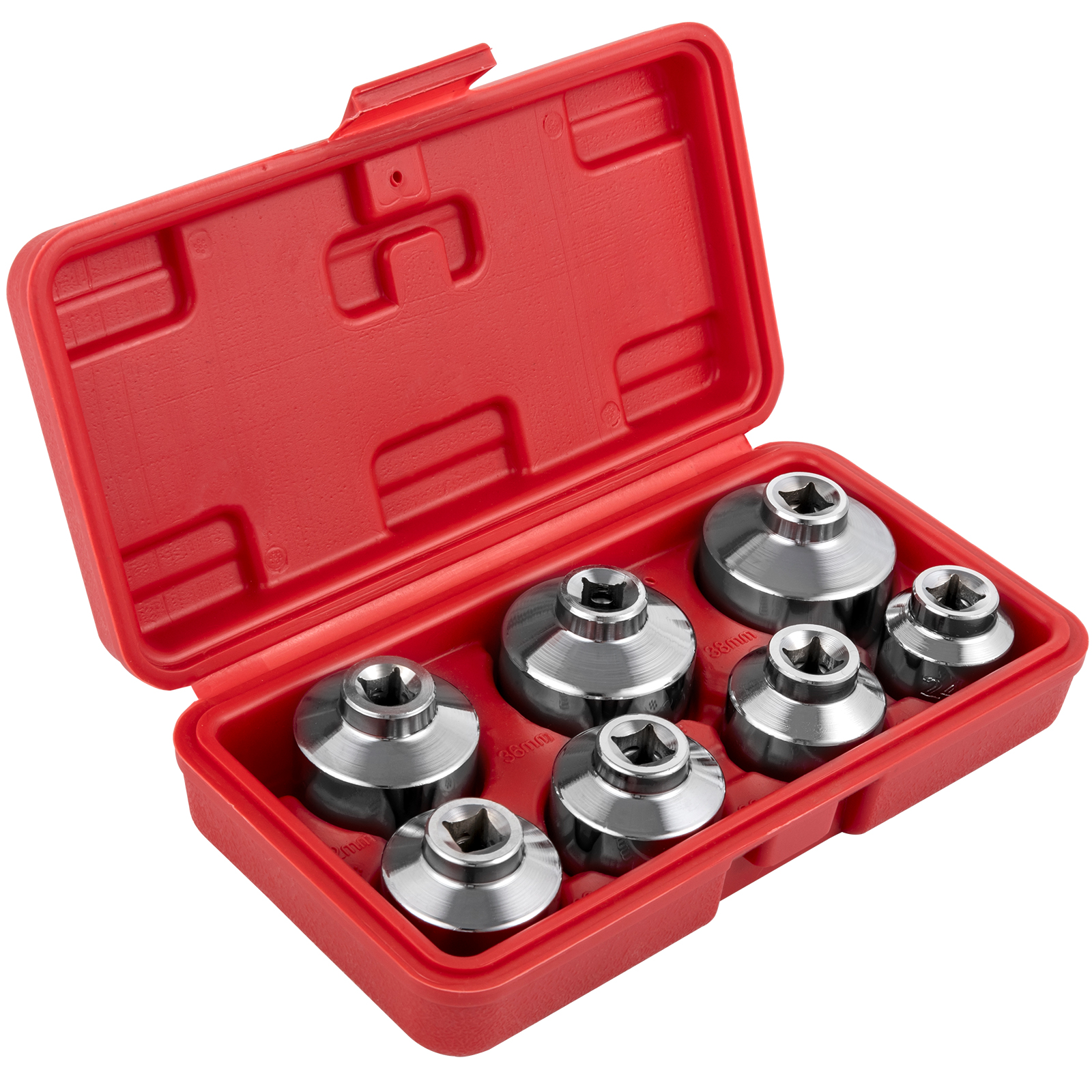 VEVOR oil filter socket set in red carrying case with seven metal sockets.