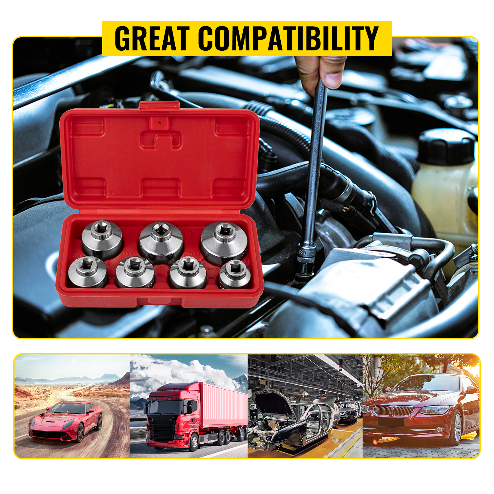 VEVOR oil filter socket set displayed with engine compatibility and various vehicles.