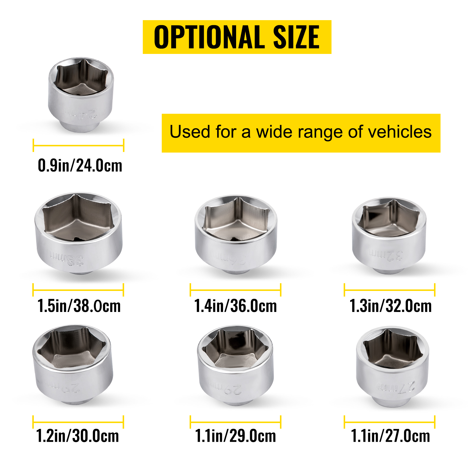 VEVOR oil filter socket set in various optional sizes for a wide range of vehicles.