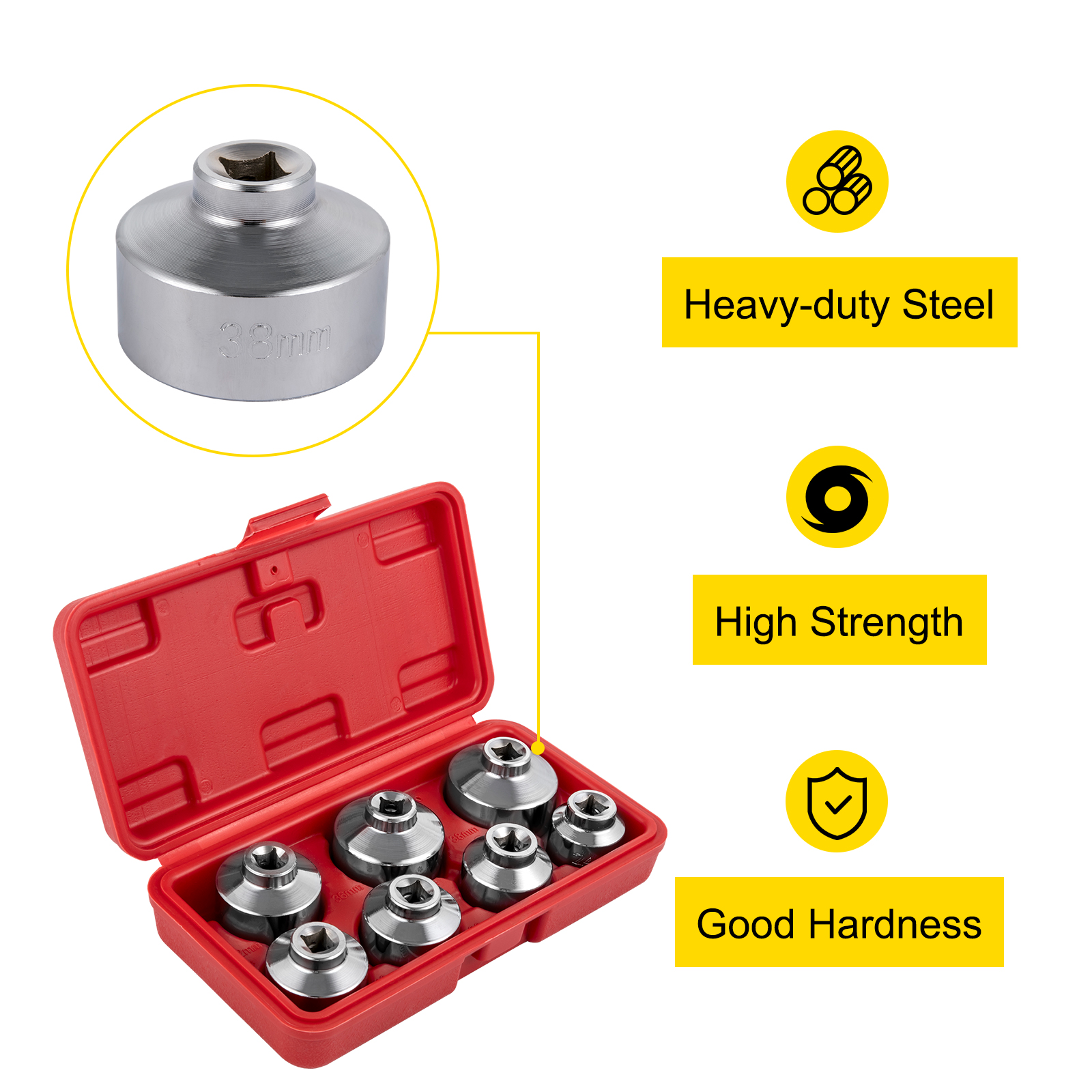 VEVOR oil filter socket set in red case, made of heavy-duty steel, high strength, good hardness.