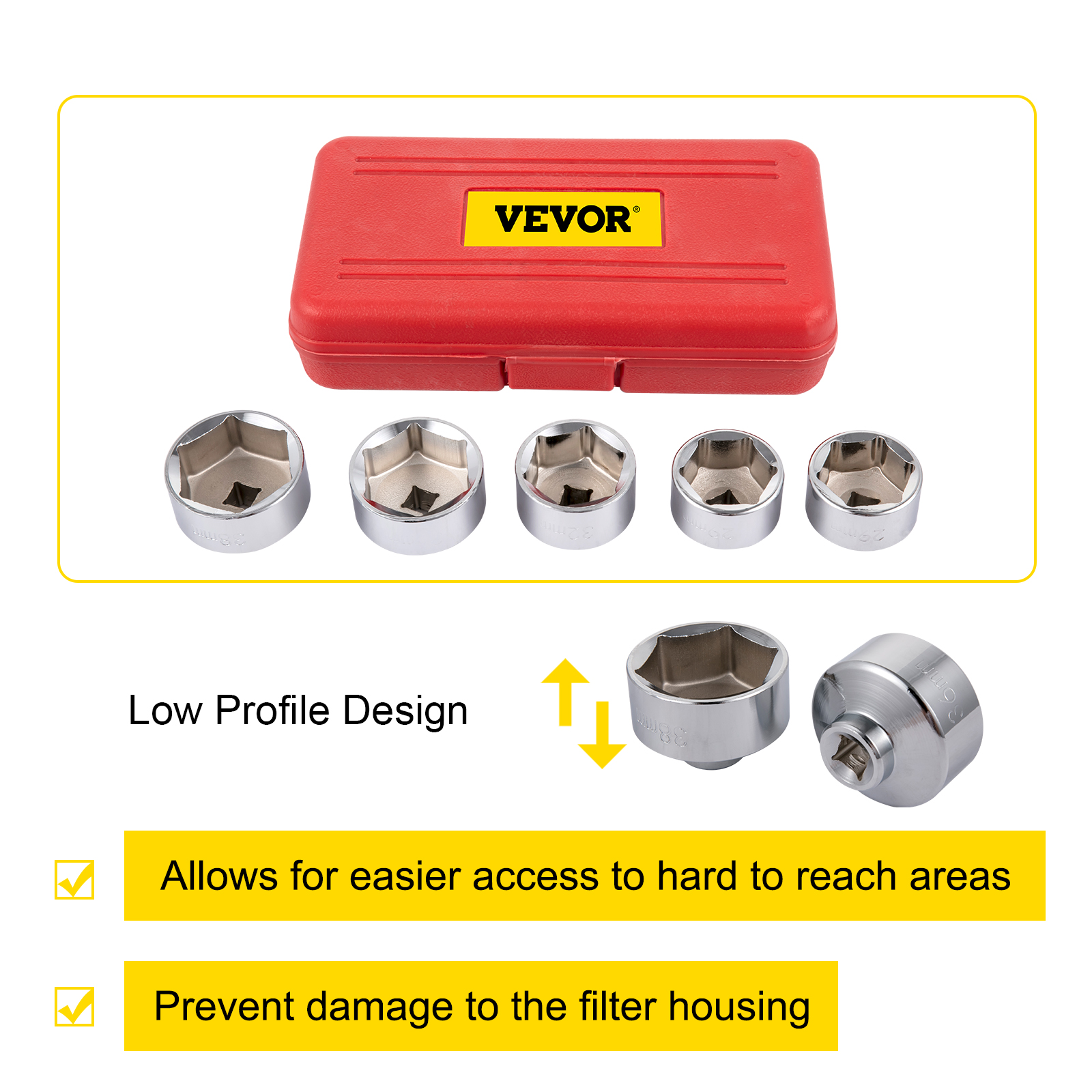 VEVOR oil filter socket set with low profile design for easier access, prevents damage.