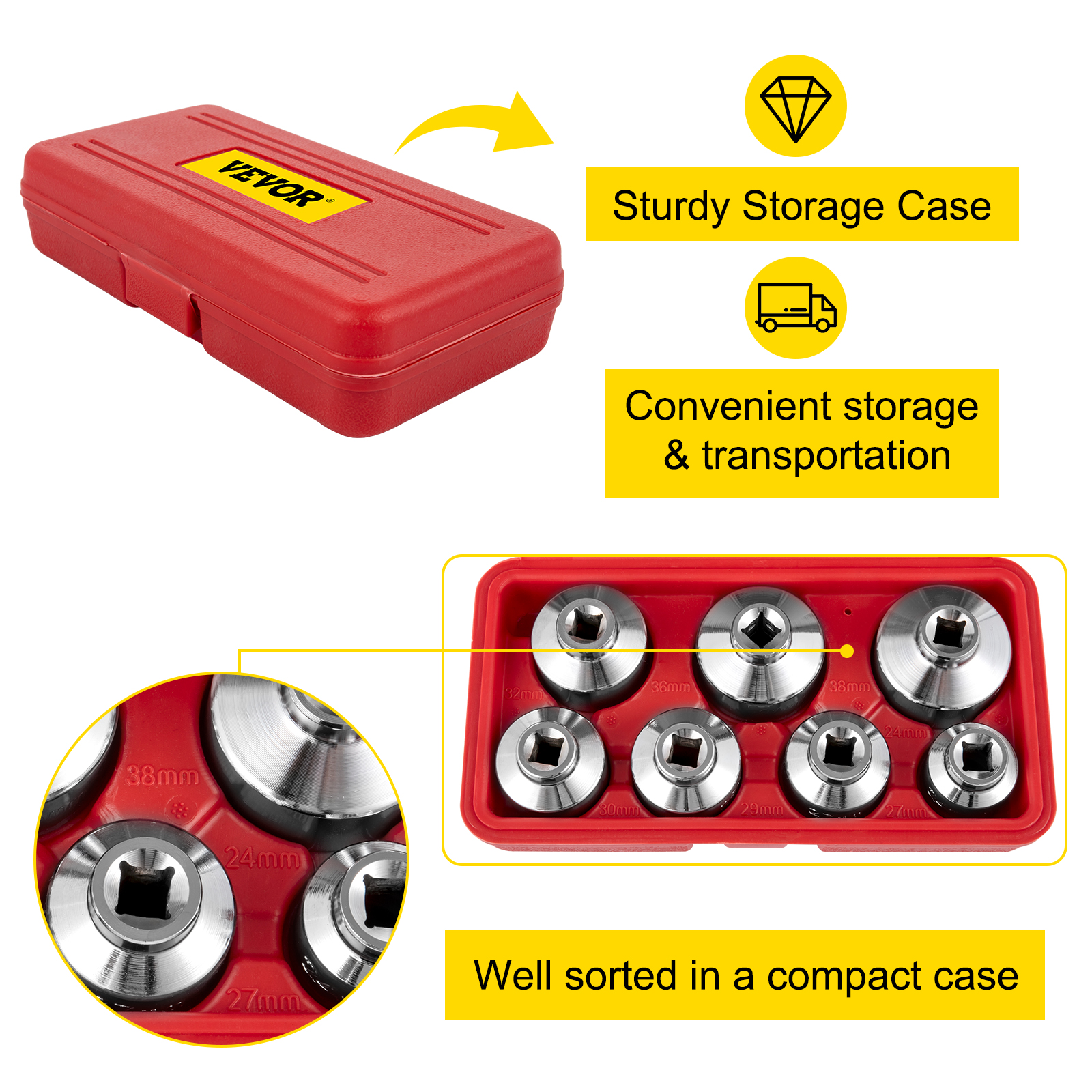 VEVOR oil filter socket set in a red storage case, sorted for easy transport.