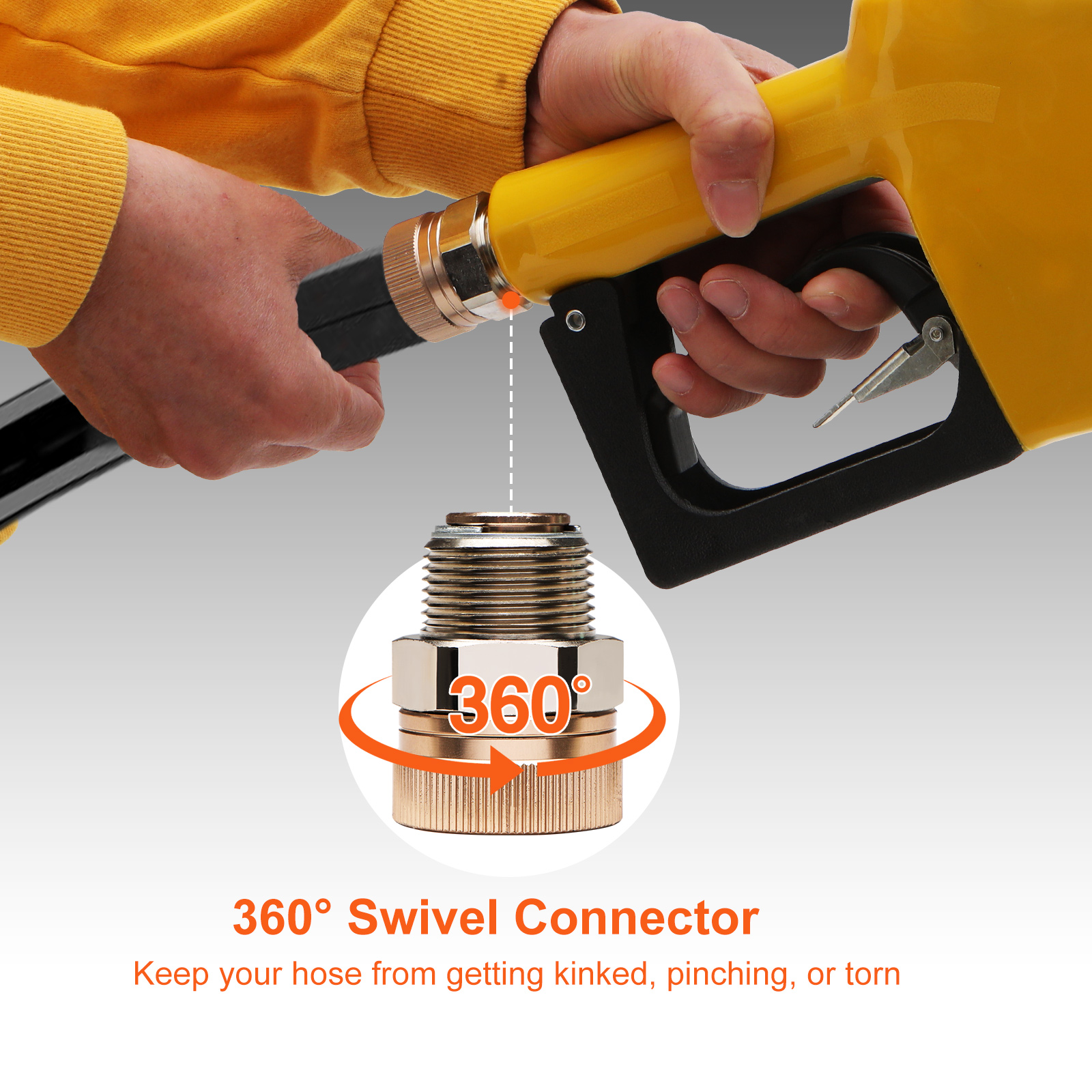 person holding VEVOR automatic fuel nozzle with 360° swivel connector preventing hose kinks.