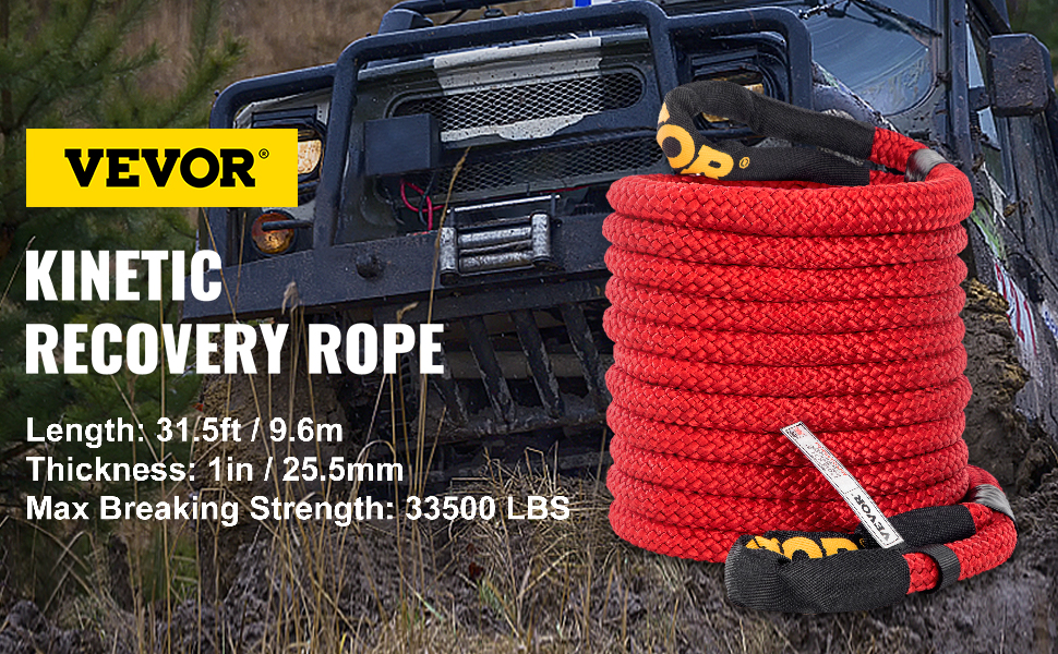 VEVOR recovery tow rope beside an off-road vehicle in a muddy terrain.