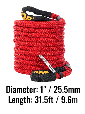 red VEVOR recovery tow rope, 1” (25.5mm) diameter, 31.5ft (9.6m) length.