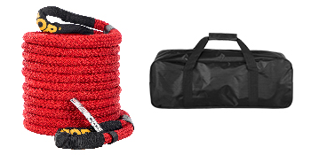 red VEVOR recovery tow rope with black carrying bag.