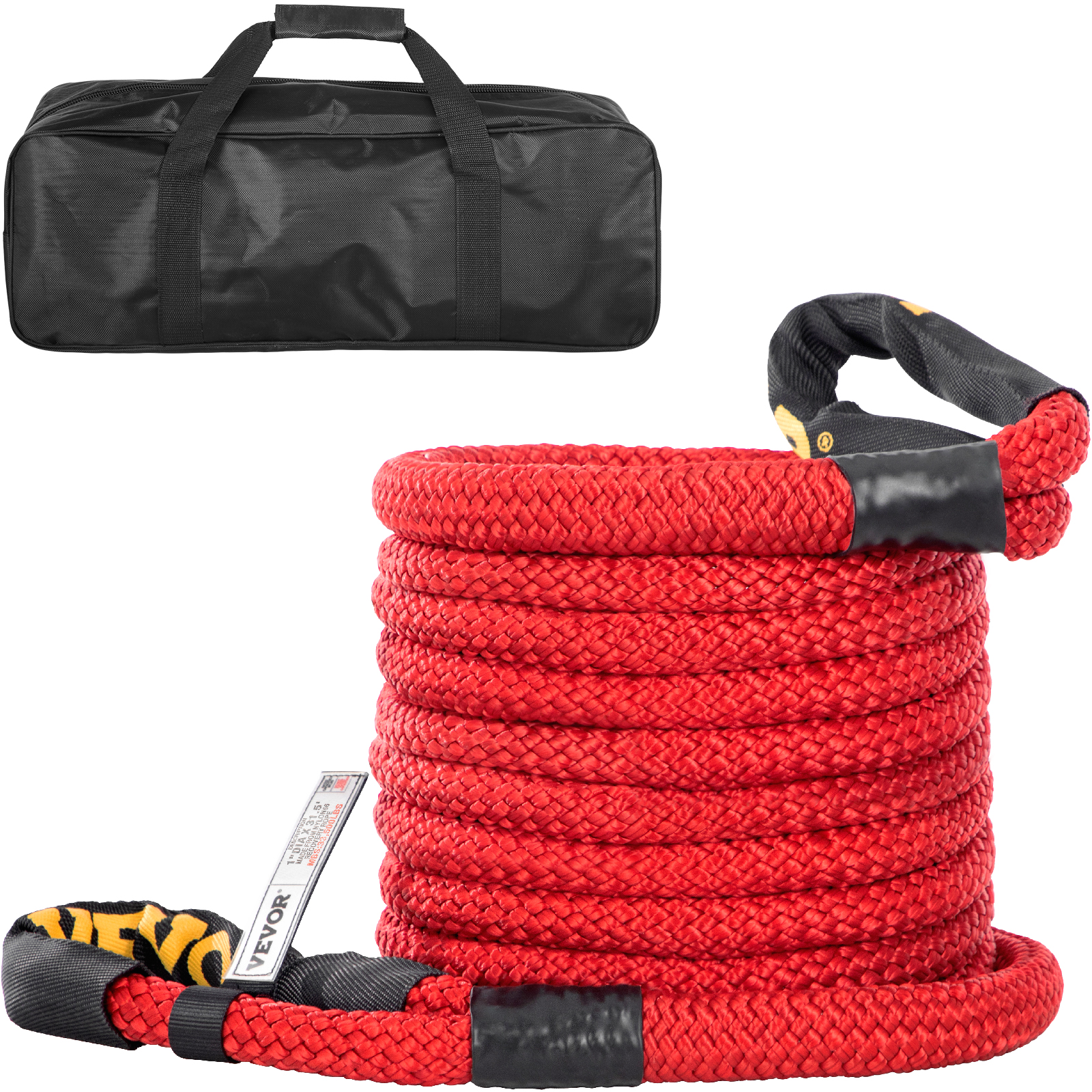 red VEVOR recovery tow rope coiled with black carry bag.