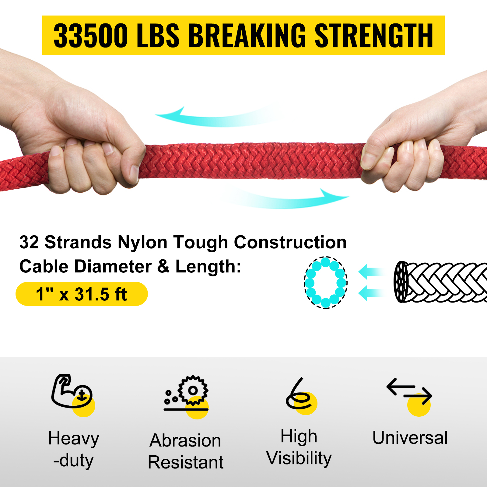VEVOR recovery tow rope, 33500 lbs breaking strength, 1" x 31.5 ft, heavy-duty, abrasion-resistant.