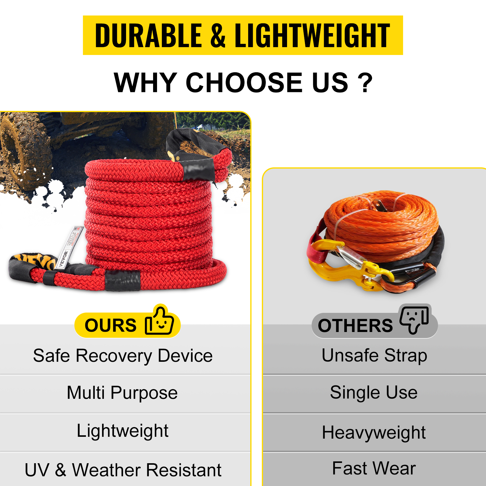 VEVOR recovery tow rope: durable, lightweight, multipurpose, and weather-resistant.
