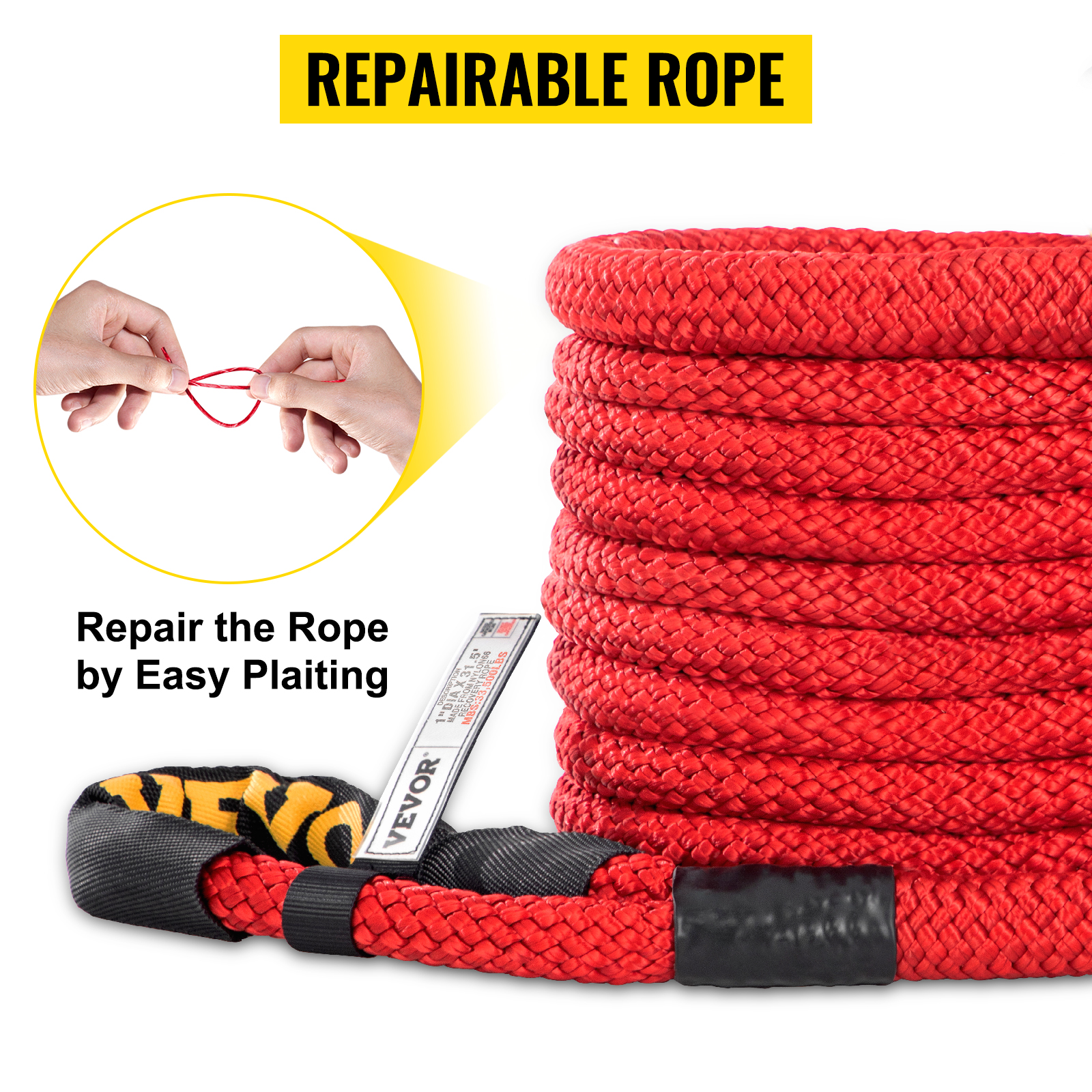 VEVOR recovery tow rope, repairable by easy plaiting. bright red coil with labels.