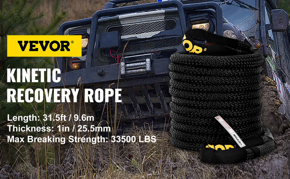 VEVOR kinetic recovery rope shown with off-road truck in muddy terrain.