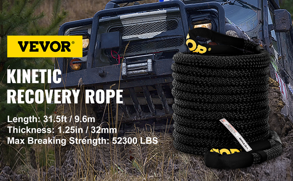 VEVOR kinetic recovery rope coiled next to an off-road vehicle in action.