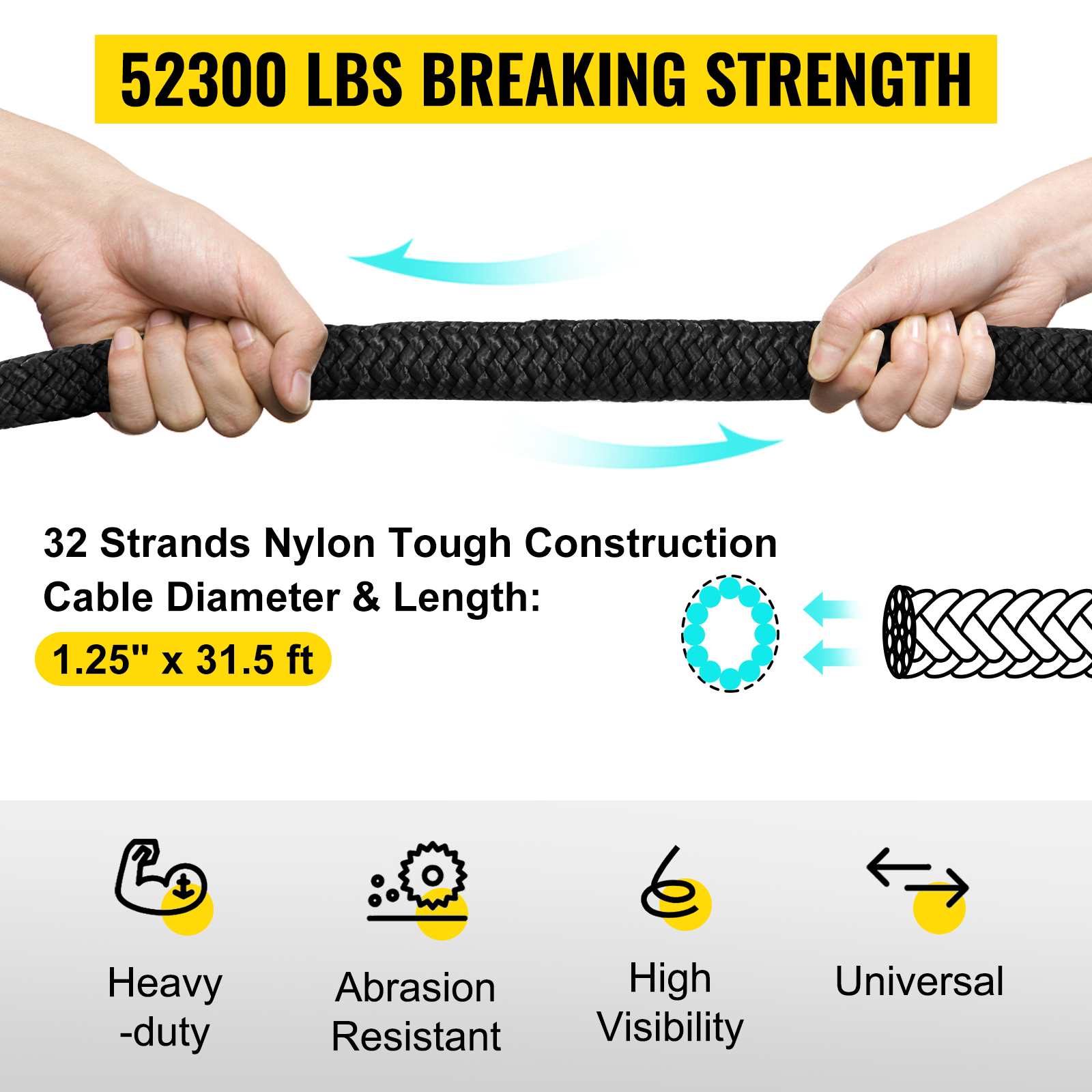 VEVOR kinetic recovery rope: 52300 lbs breaking strength, 1.25" x 31.5 ft.