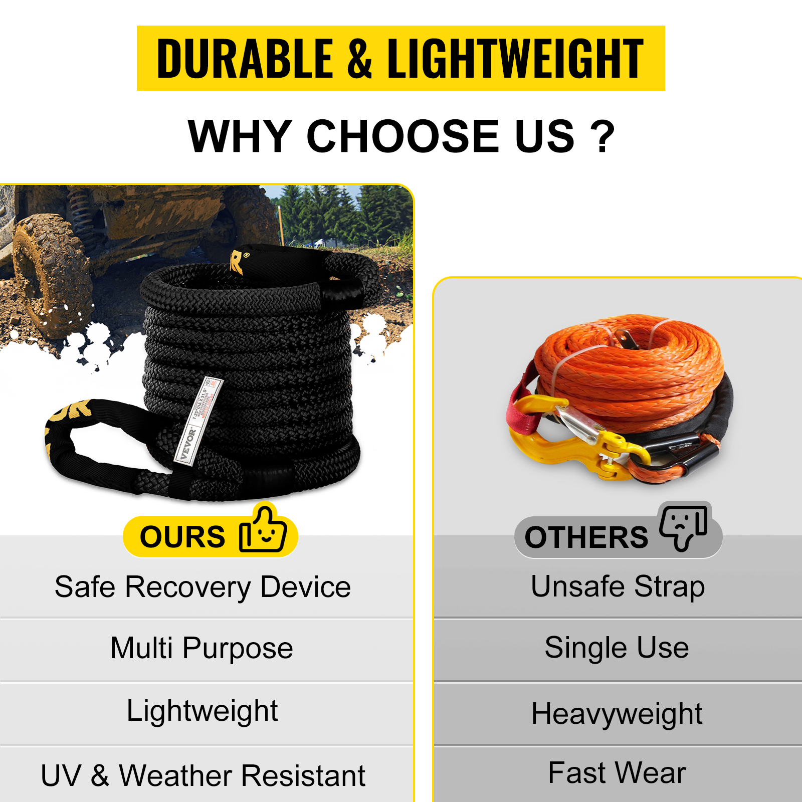 VEVOR kinetic recovery rope advantages compared to other unsafe and heavyweight straps.