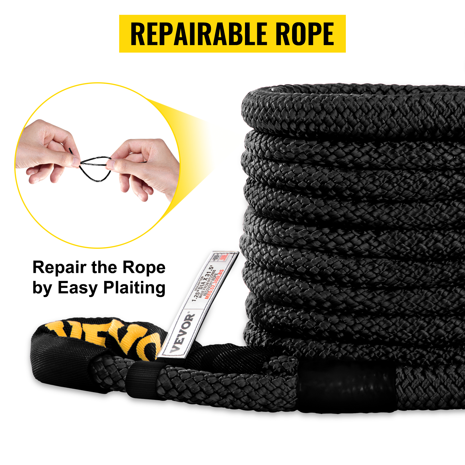 VEVOR kinetic recovery rope with easy plaiting for repairs and durable braided design