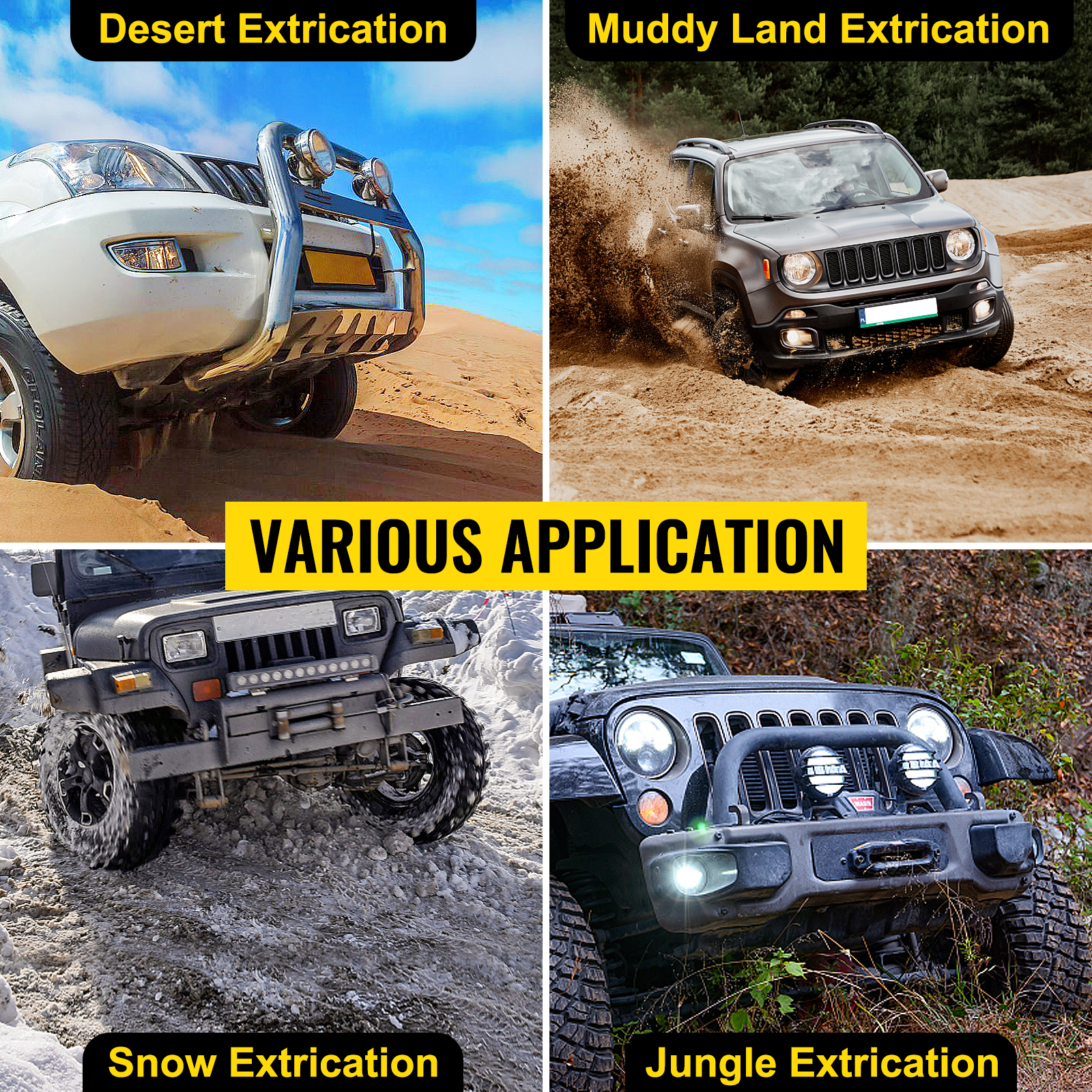 VEVOR kinetic recovery rope is ideal for desert, muddy, snow, and jungle extrication.