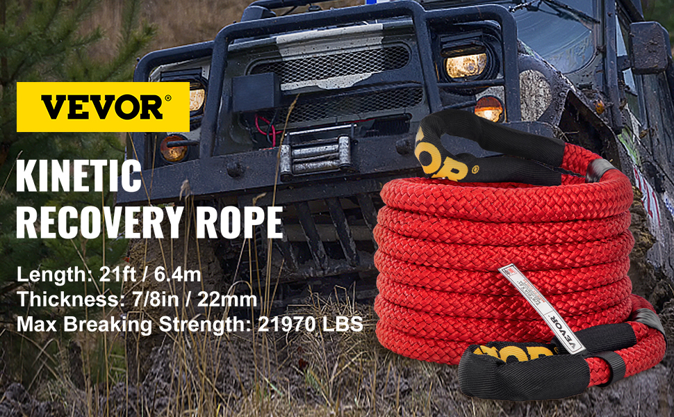 VEVOR kinetic recovery rope with 21970 lbs strength, 21ft length, and 7/8in thickness.
