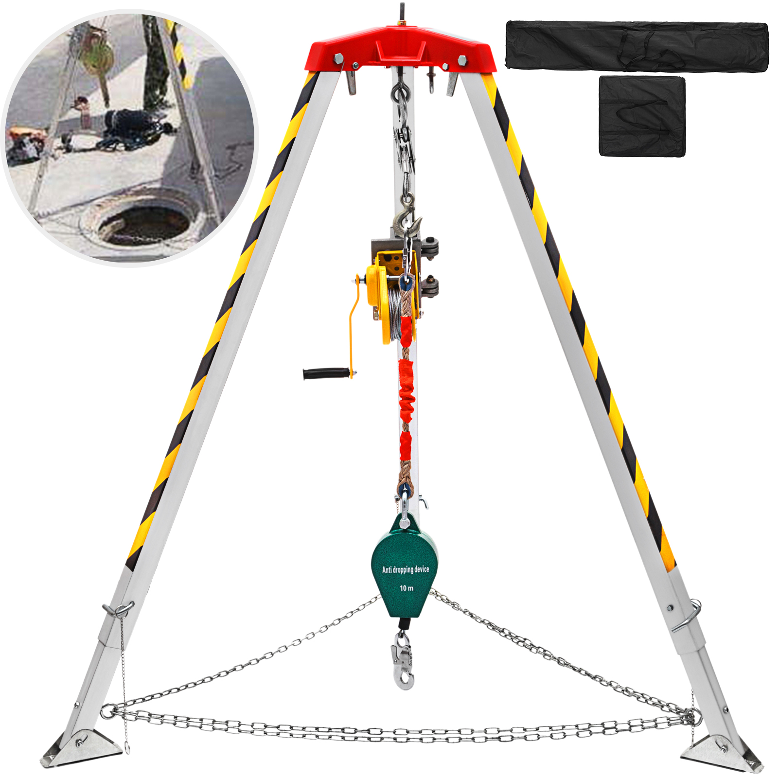 VEVOR confined space tripod kit with hoist and safety harness setup.