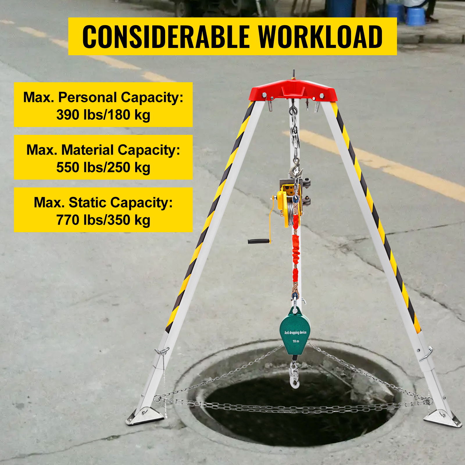 VEVOR confined space tripod kit showcasing workload capacities: 390 lbs, 550 lbs, 770 lbs.