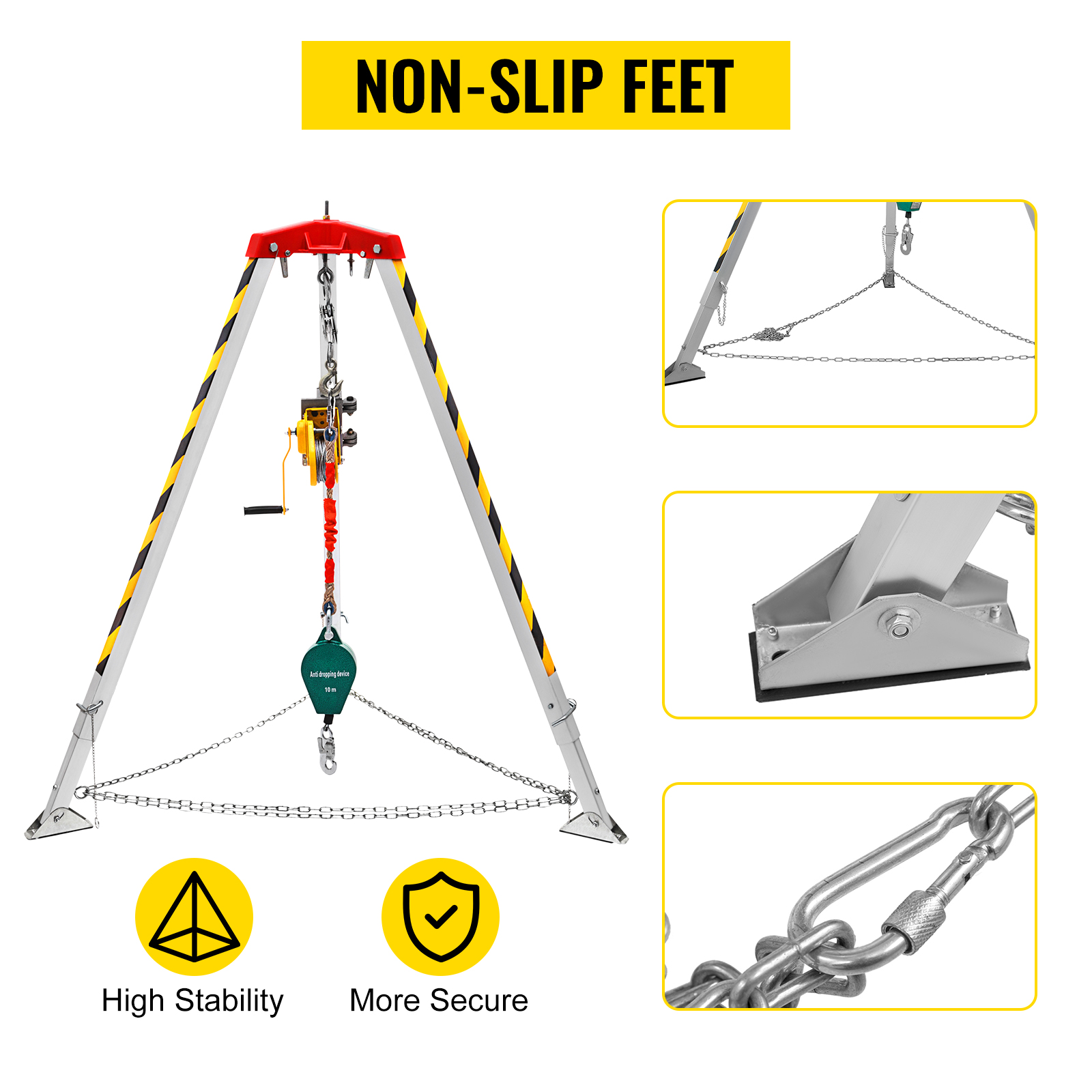 VEVOR confined space tripod kit with non-slip feet and stabilizing chains.