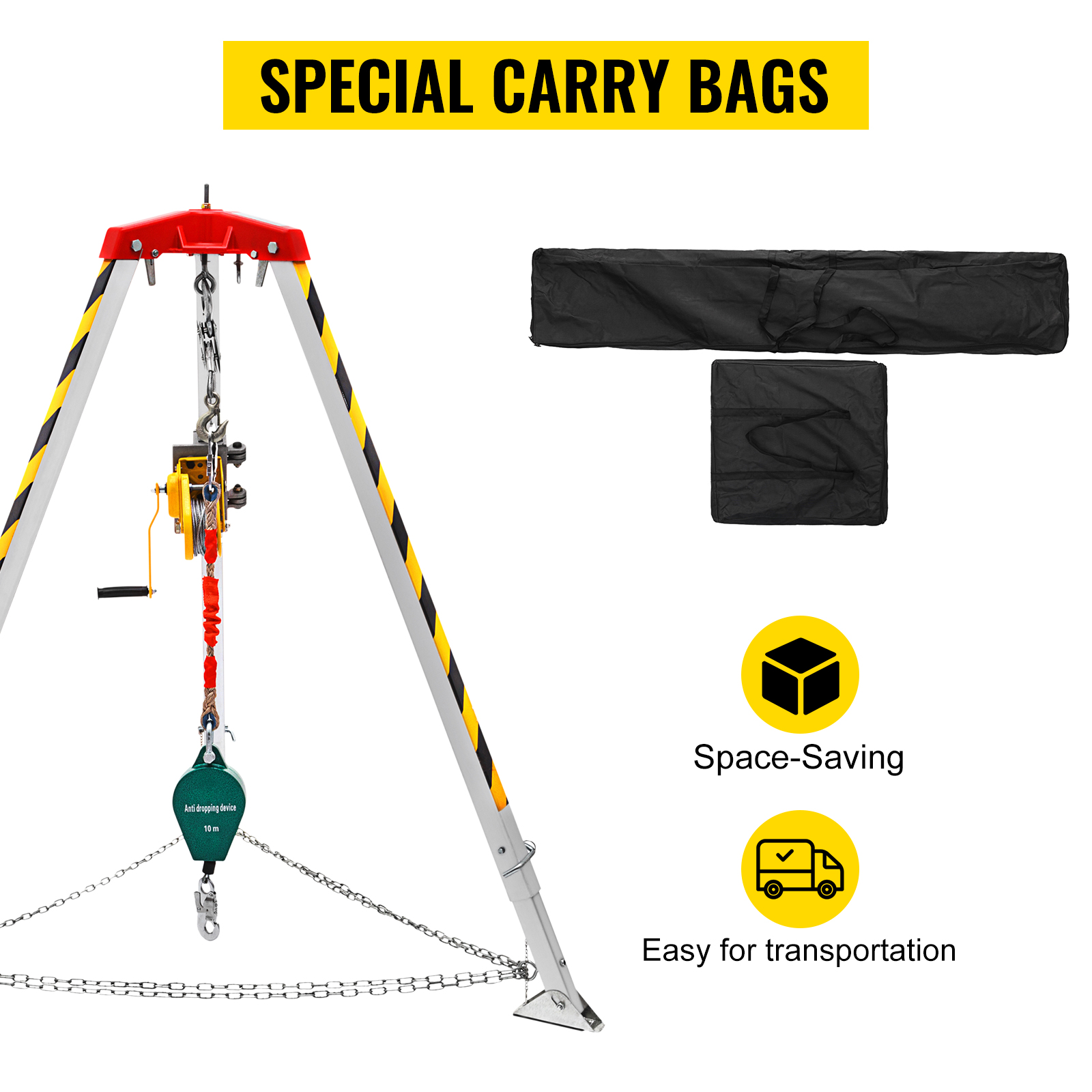 VEVOR confined space tripod kit with carry bags, space-saving and easy for transportation.