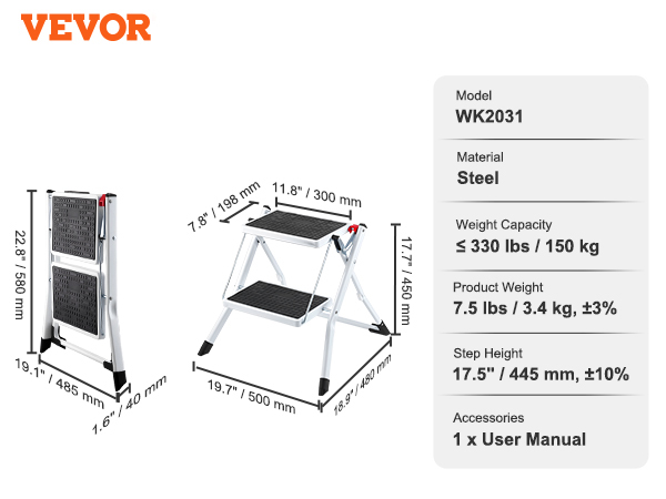 VEVOR step ladder wk2031 made of steel, with a weight capacity of 330 lbs and a step height of 17.5 inches.