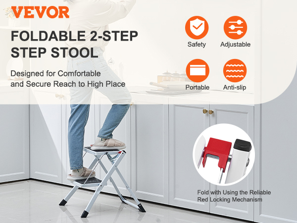 VEVOR step ladder: foldable 2-step stool, adjustable, portable, anti-slip design for safety.