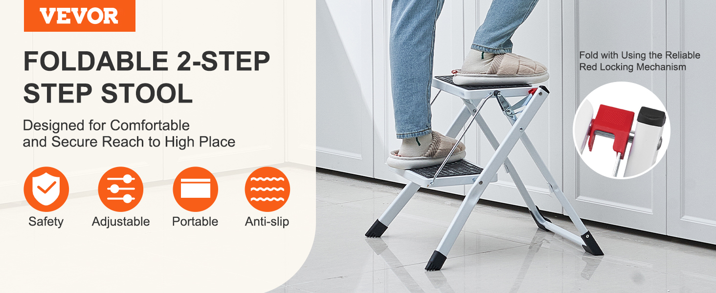 VEVOR step ladder: foldable 2-step stool, adjustable, portable, anti-slip design for safety.