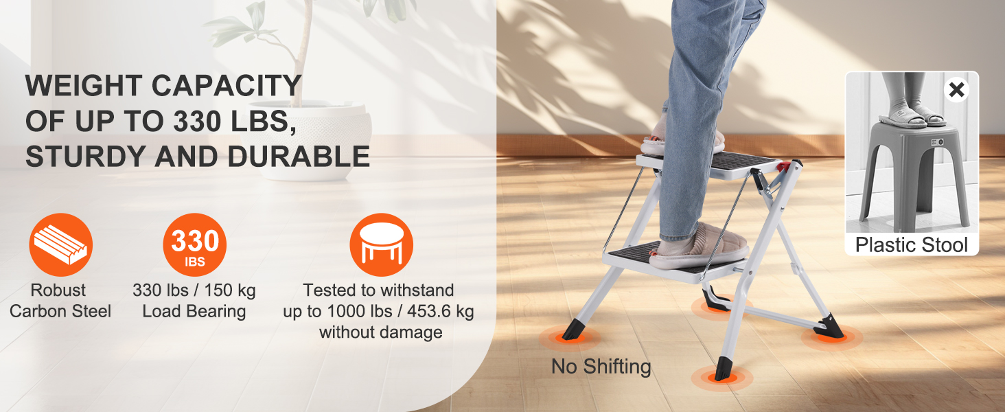 VEVOR step ladder: robust carbon steel, 330 lbs capacity, sturdy and durable, no shifting, better than plastic stool.