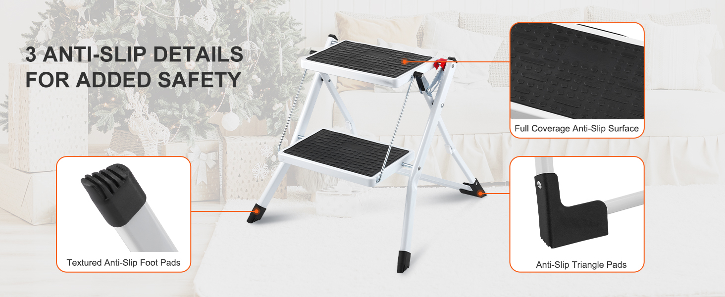 VEVOR step ladder with anti-slip foot pads, full-coverage anti-slip surface, and anti-slip triangle pads.