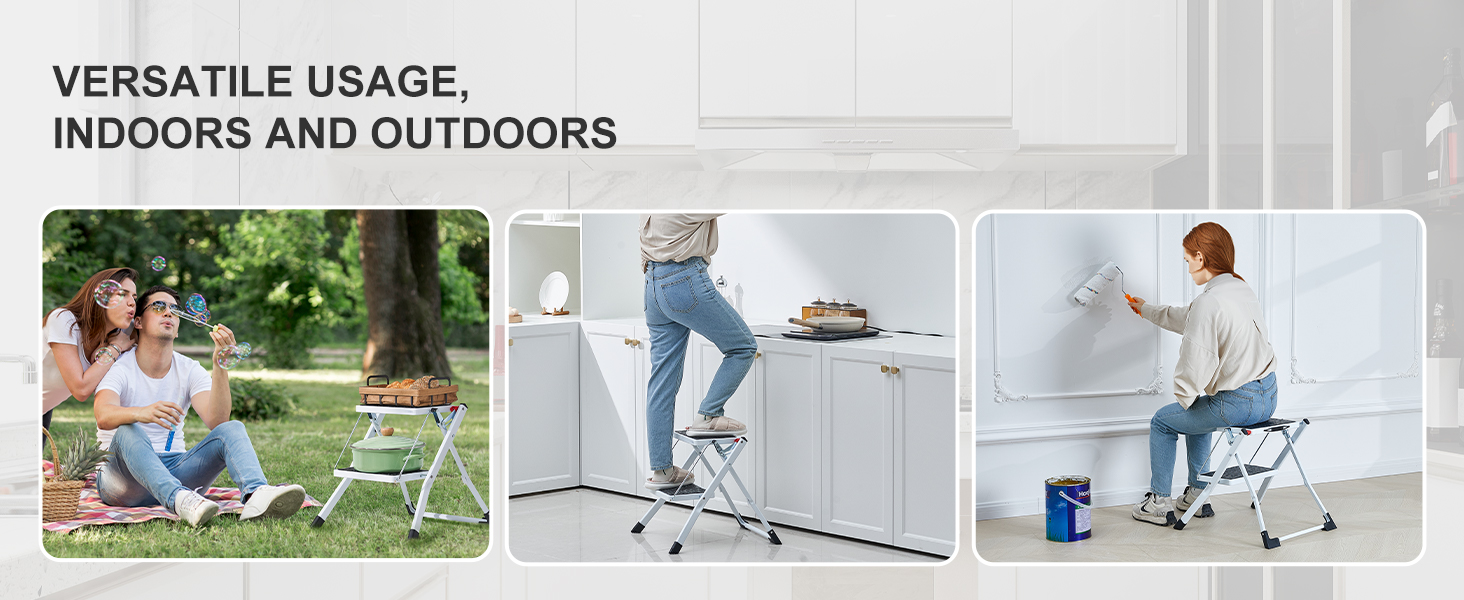 VEVOR step ladder for versatile indoor and outdoor use in kitchens, picnics, and painting tasks.