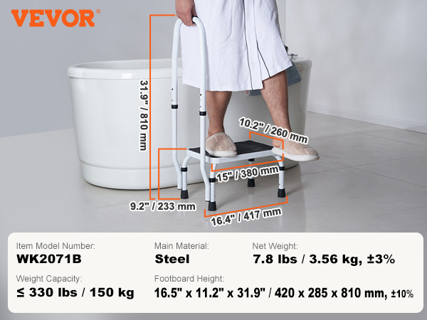 VEVOR step stool model wk2071b details, with steel frame and 330 lbs capacity, next to a bathtub.