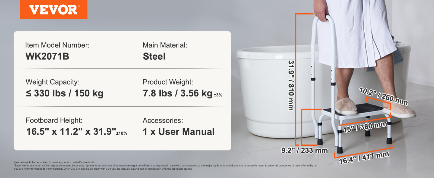 VEVOR step stool model wk2071b details, with steel frame and 330 lbs capacity, next to a bathtub.